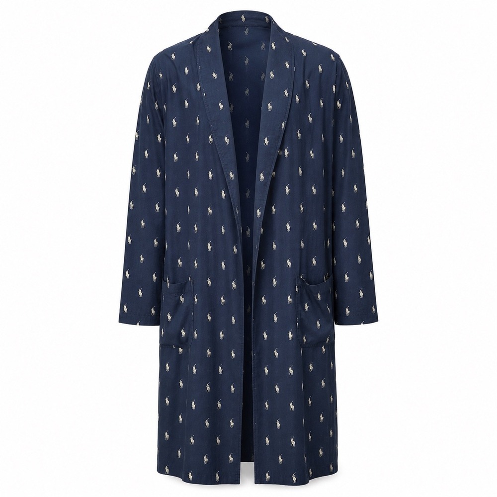 Polo Ralph Lauren Robe Mens L/XL Navy Blue Cotton Pony Logo Print Dressing Gown